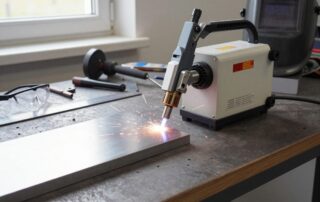 Moderne industrielle Plasma-Schneidemaschine auf einer Werkbank, die ein Stahlblech mit leuchtendem Plasma-Arc schneidet, umgeben von Messwerkzeugen und Schutzbrille