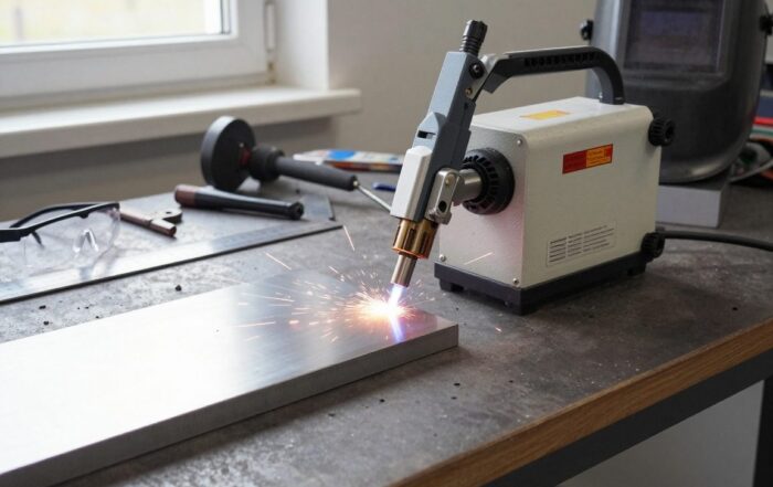 Moderne industrielle Plasma-Schneidemaschine auf einer Werkbank, die ein Stahlblech mit leuchtendem Plasma-Arc schneidet, umgeben von Messwerkzeugen und Schutzbrille