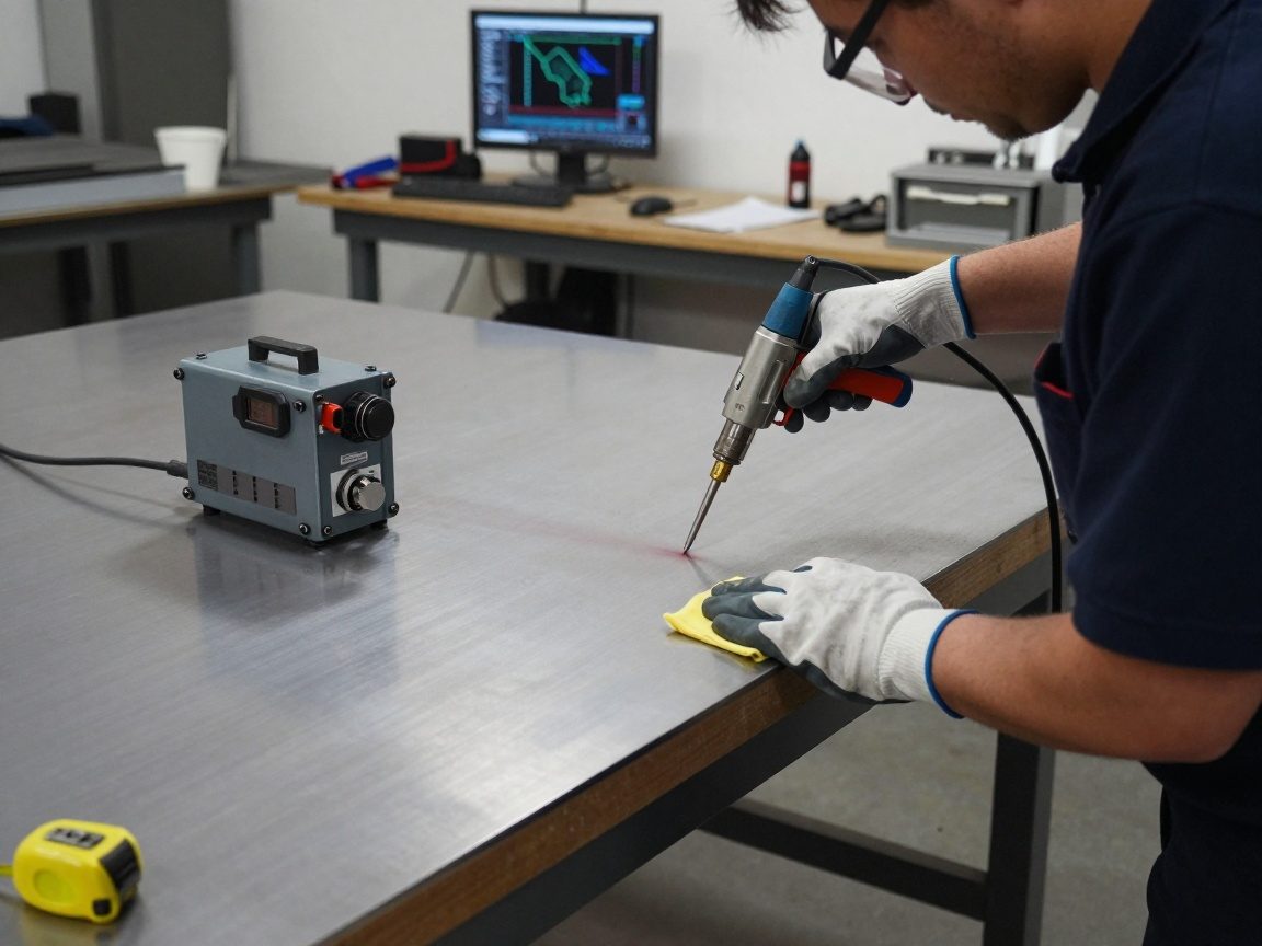 Techniker reinigt Edelstahlplatte mit Lösungsmittelwisch und trägt Handschuhe sowie Schutzbrille; ein tragbarer Plasmatischer Schneidkopf steht auf dem Tisch