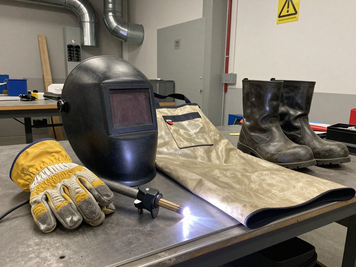 Schutzhelm mit dunklem Visier, hitzebeständige Handschuhe, Schutzweste und Stahl-Sicherheitsschuhe liegen auf einem Werkbanktisch; ein Plasma-Schneider erzeugt einen hellen Funkenbogen zu einer Metallplatte.