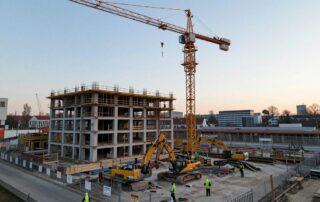 Weitwinkelaufnahme einer deutschen Baustelle bei Morgendämmerung: teilweise abgerissenes Gebäude, Kran und Abbruchcrew in Sicht, Sicherheitszaun und Beschilderung im Vordergrund.