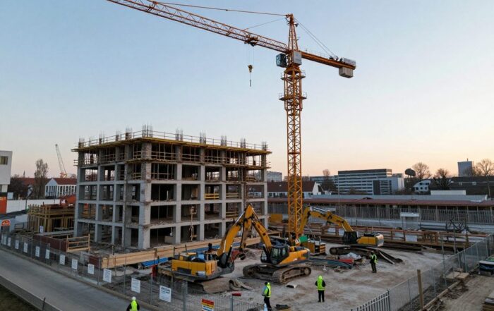 Weitwinkelaufnahme einer deutschen Baustelle bei Morgendämmerung: teilweise abgerissenes Gebäude, Kran und Abbruchcrew in Sicht, Sicherheitszaun und Beschilderung im Vordergrund.