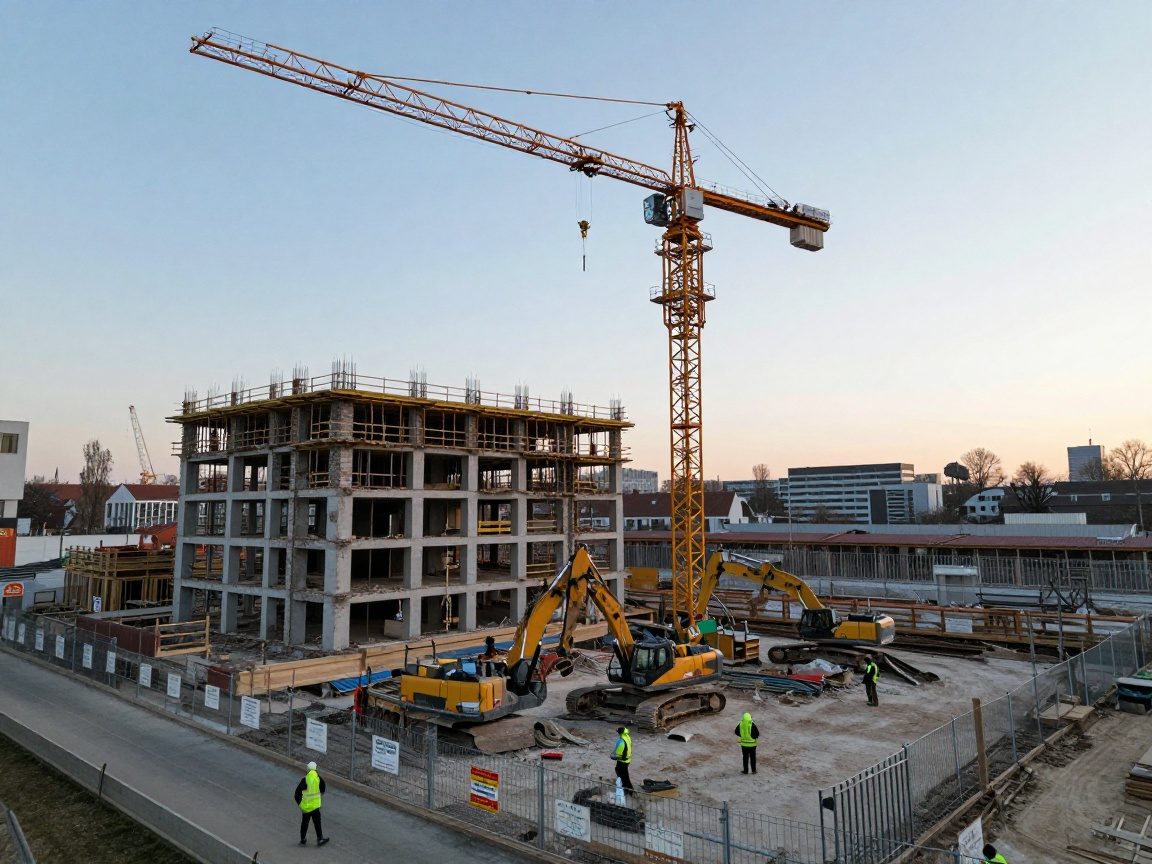 Weitwinkelaufnahme einer deutschen Baustelle bei Morgendämmerung: teilweise abgerissenes Gebäude, Kran und Abbruchcrew in Sicht, Sicherheitszaun und Beschilderung im Vordergrund.