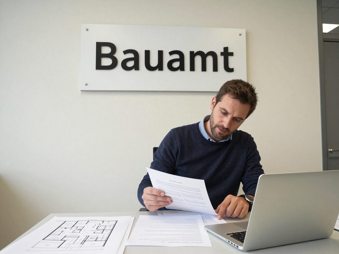 Architekt in einem deutschen Bauamt sitzt an einem Schreibtisch und überprüft Unterlagen für eine Abbruchgenehmigung, umgeben von Bauzeichnungen und Laptop.