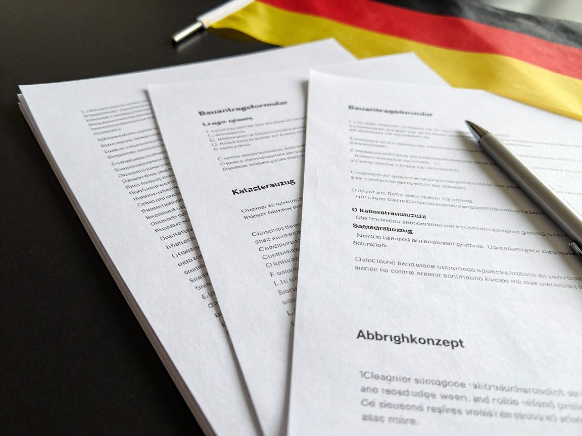 Neutrales Foto eines geöffneten Ordners auf einem Schreibtisch, der Bauantragsformular, Lageplan, Katasterauszug und Abbruchkonzept zeigt; daneben ein Stift und im Hintergrund die deutsche Flagge