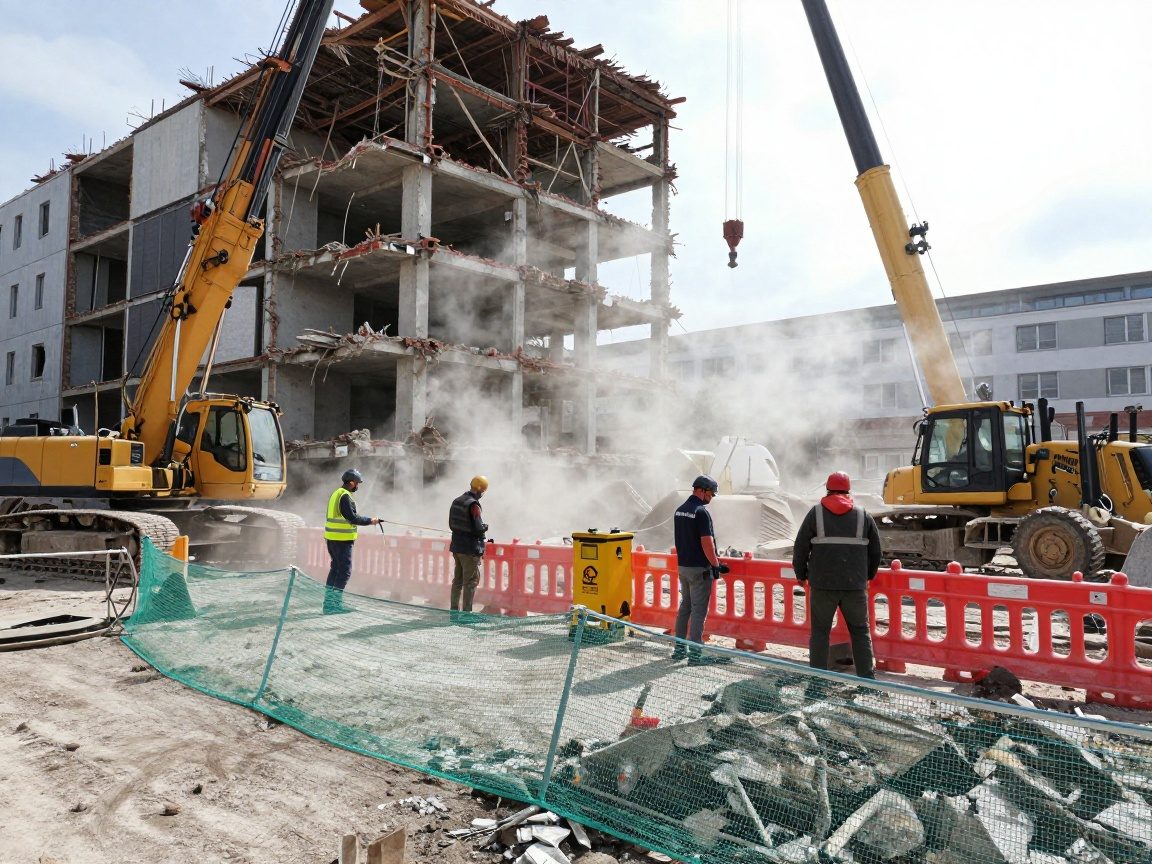 Breitwinkelaufnahme eines Abbruchstandorts mit Bauarbeiter, die Absperrungen und Staubunterdrückungsgeräte um ein teilweise abgerissenes Gebäude aufstellen; Kran, Bulldozer und Schutznetze sind sichtbar.