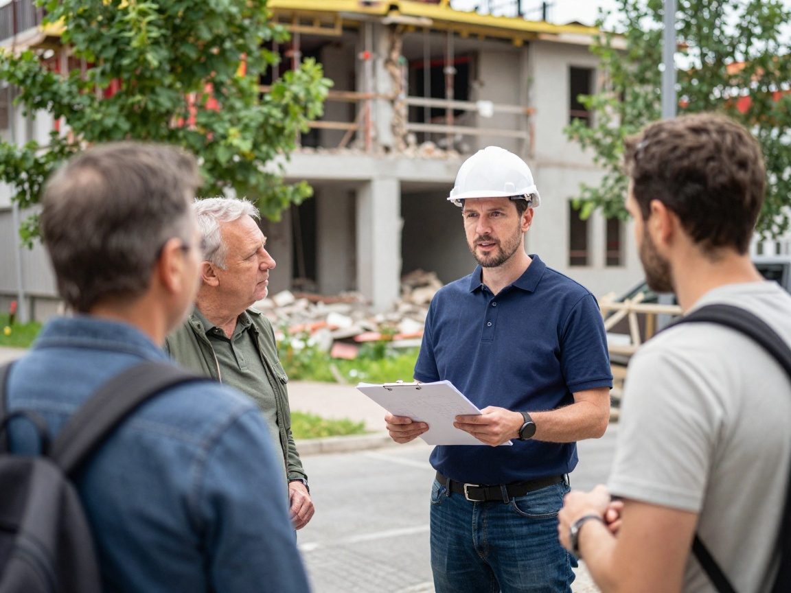 Ein Bauleiter mit einem Clipboard spricht in einer deutschen Stadtstraße mit Grünflächen zu Nachbarn, während ein abgerissenes Gebäude im Hintergrund steht.