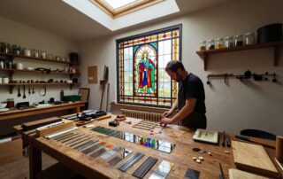 Ein breiter Blick auf einen deutschen Bleiglaserei-Workshop: ein Handwerker arbeitet an einem großen, bunt gemusterten Fenster, umgeben von Glasstücken, Bleiklammern und Werkzeugen auf einer Holzbänke.