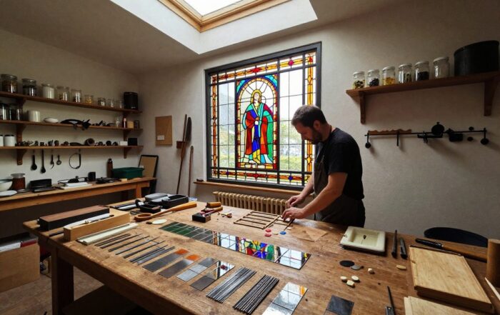 Ein breiter Blick auf einen deutschen Bleiglaserei-Workshop: ein Handwerker arbeitet an einem großen, bunt gemusterten Fenster, umgeben von Glasstücken, Bleiklammern und Werkzeugen auf einer Holzbänke.