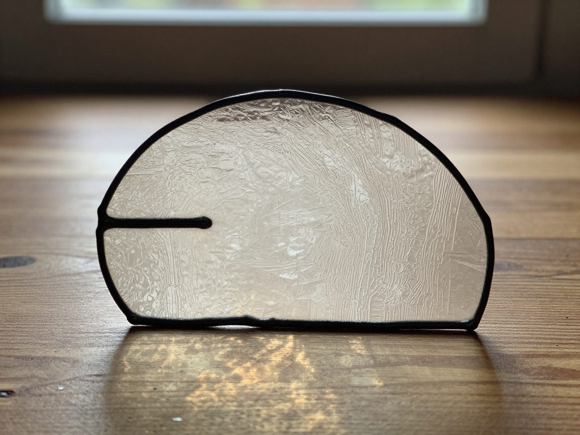 Halbtotaler Blick auf ein strukturiertes Bleiglas mit leicht versiegelter Oberfläche, das auf einem Holztisch liegt und diffuses Licht erzeugt