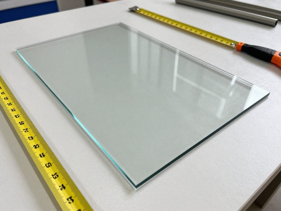 Schweres, klares Floatglas liegt auf einer Werkbank; Messband und Schneidwerkzeug daneben, helle Beleuchtung betont die klare Oberfläche.