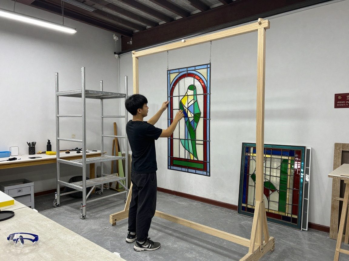 Breite Perspektive einer Werkstatt, ein Handwerker befestigt Bleicamen an einem Glasfenster, Leiter, Gerüst und Schutzbrille liegen im Vordergrund