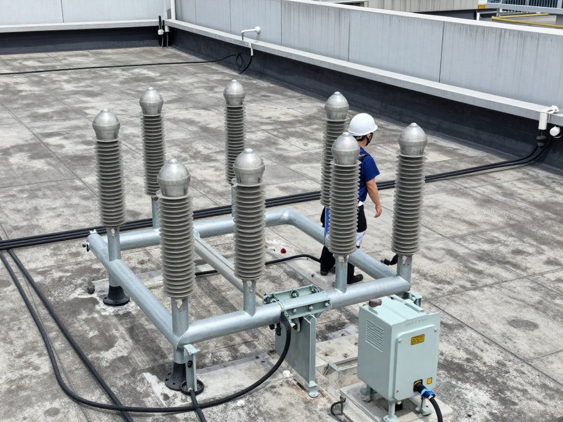 Nahaufnahme eines Krankenhausdaches mit Blitzschutzrohren, Erdungsdrähten und Überspannungsschutzgeräten, Arbeiter in Helmen prüfen die Anlage