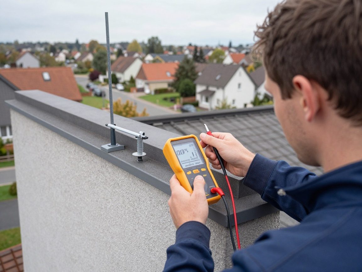 Techniker misst mit Handgerät den Widerstand einer Blitzschutzanlage an einem Wohnhaus in Deutschland
