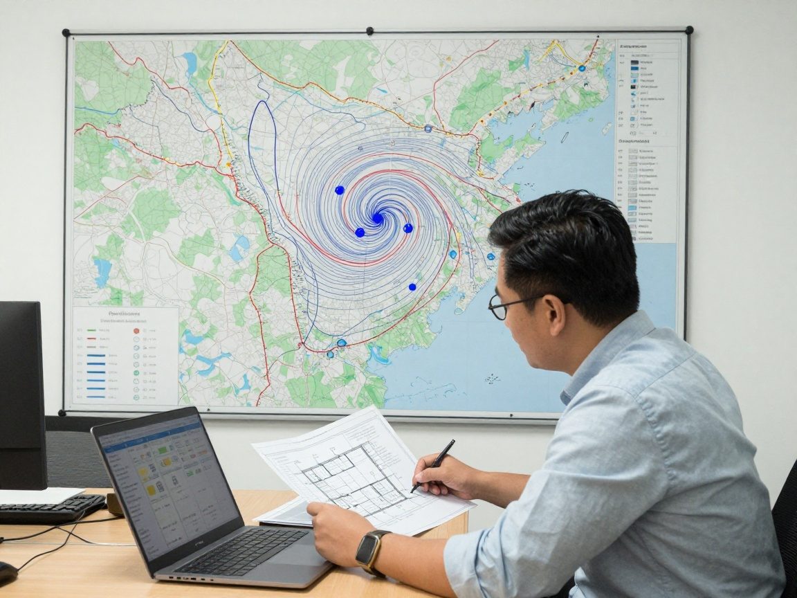 Ein Ingenieur betrachtet architektonische Pläne und Wetterdaten auf einem Laptop, während eine große Wandkarte mit Sturmspuren im Hintergrund zu sehen ist.