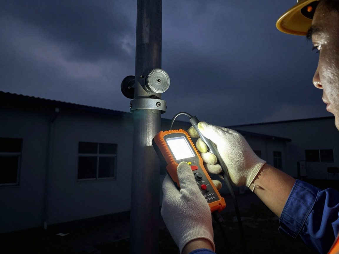 Techniker nutzt einen Erdungswiderstandsmesser an einem Blitzableiter in einer dunklen Industriehalle, beleuchtet von einer tragbaren LED-Lampe.