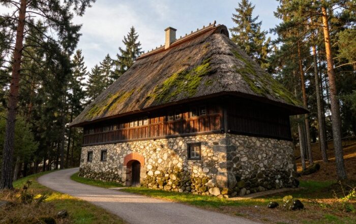 Traditionelles deutsches Blockhaus mit Moos bedeckten Steinwänden und Strohdach, umgeben von hohen Tannen im Wald bei goldenem Licht