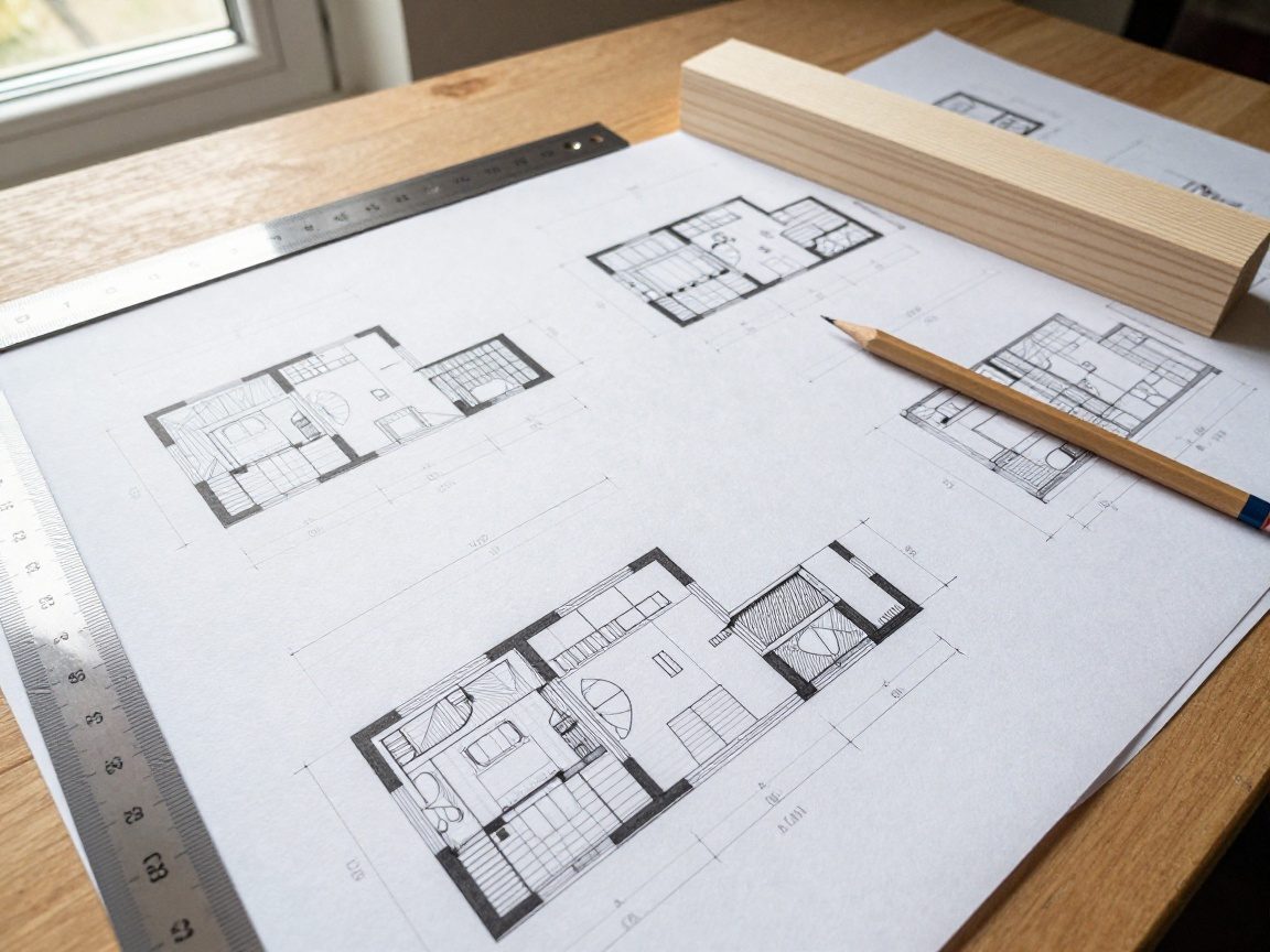Detailansicht von Bauplänen, Grundrissen und Schnitten eines Blockhauses auf einem Holztisch mit Lineal, Bleistift und Holzmodell einer Balken