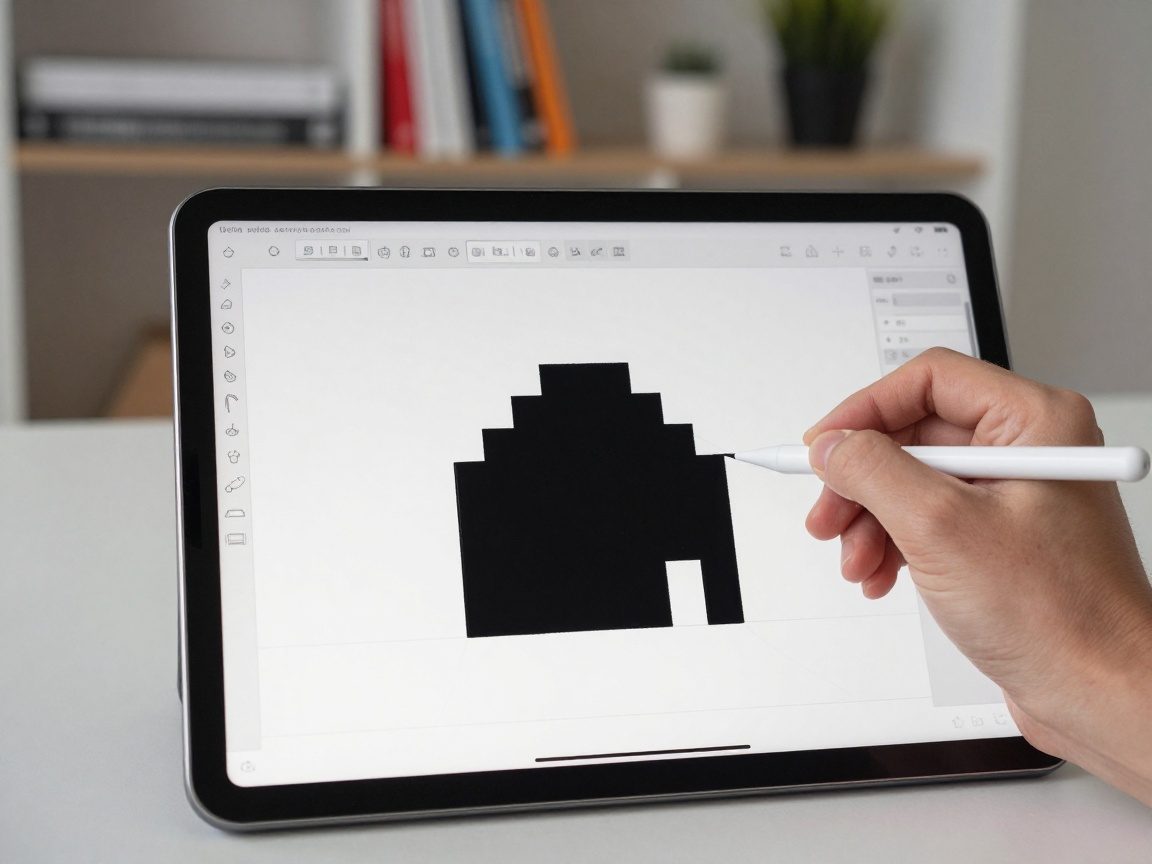 Mitarbeiter hält Stylus auf Tablet, zeichnet Blockhaus-Silhouette in 3D-Modellierungssoftware mit Drahtgitteransicht