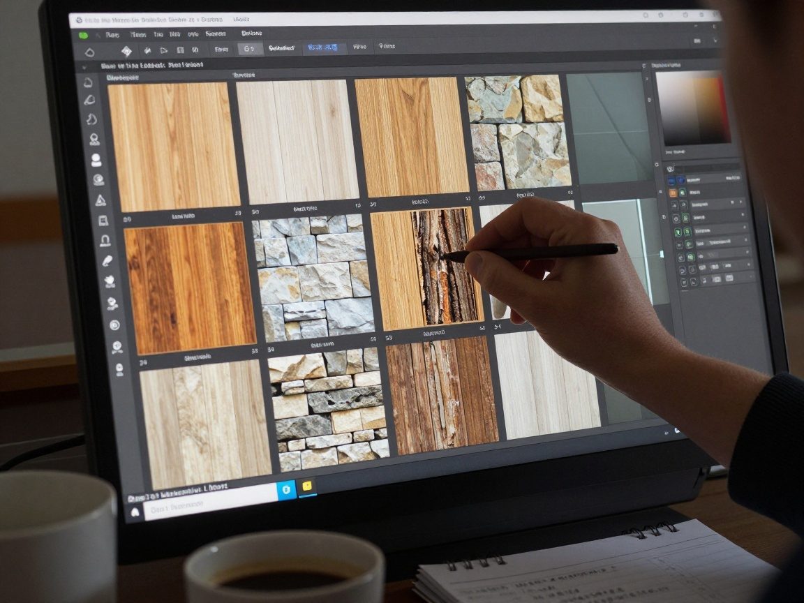 Nahaufnahme eines Computerbildschirms, auf dem eine Materialbibliothek mit Holz-, Stein- und Glasoberflächen angezeigt wird; ein Benutzer wählt eine hochauflösende Eichenrinde aus.