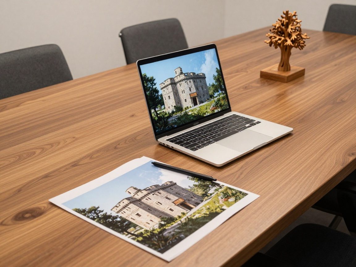 Polierter Holztisch mit Laptop, der ein fotorealistisches Render des Blockhauses zeigt; daneben gedruckte Renderings, Stylus und Holzbaum-Skulptur