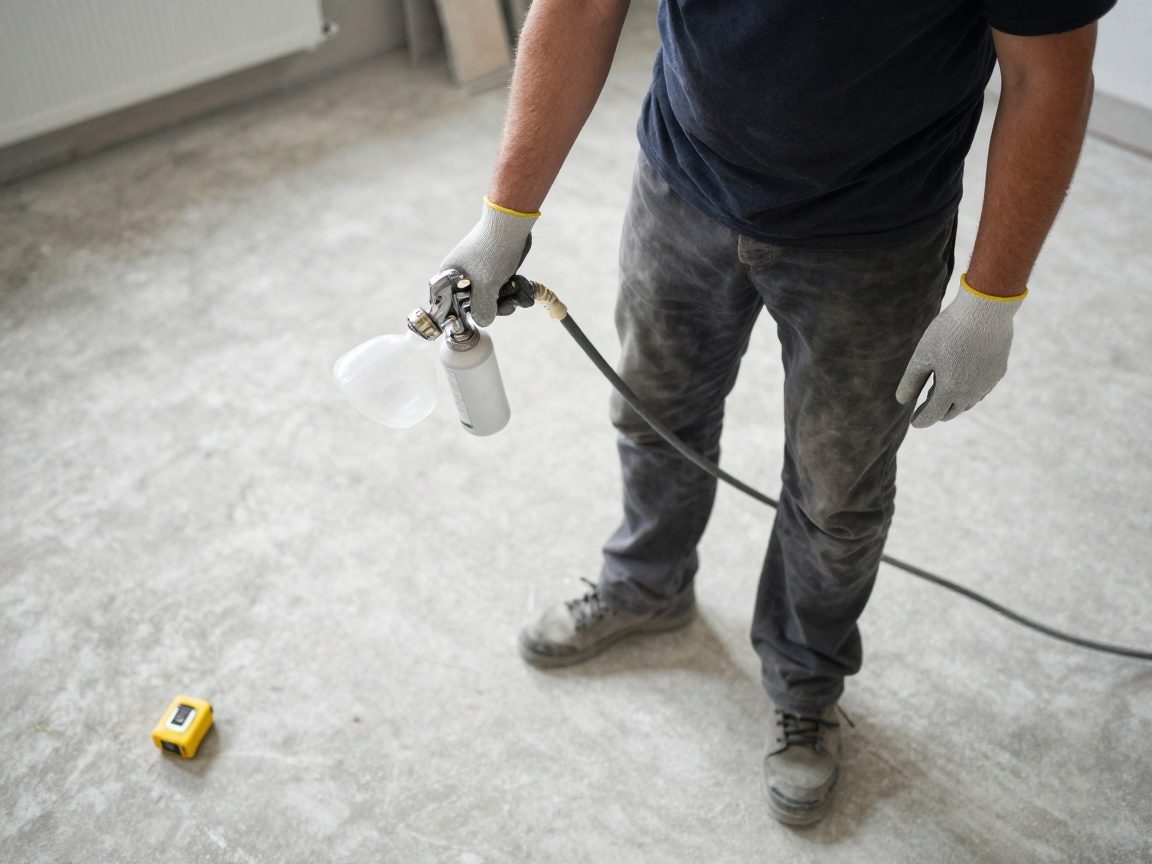 Professioneller Bodenleger steht auf Beton, hält Sprühgerät und Grundierungsflasche, trägt Handschuhe und Schutzbrille