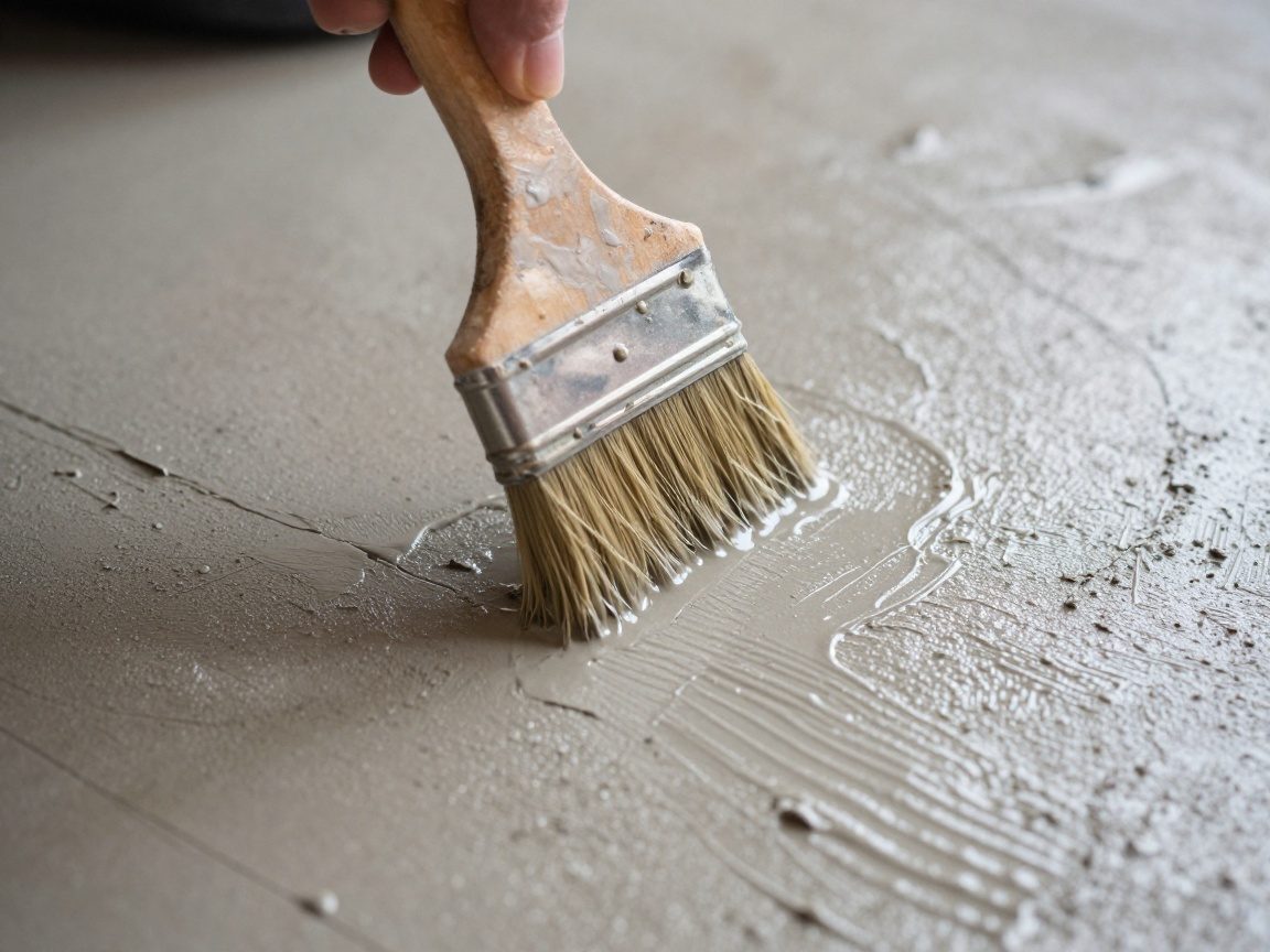 Nahaufnahme eines Bodenlegers, der mit einem Pinsel eine Grundierung auf einer freiliegenden Estrichfläche aufträgt