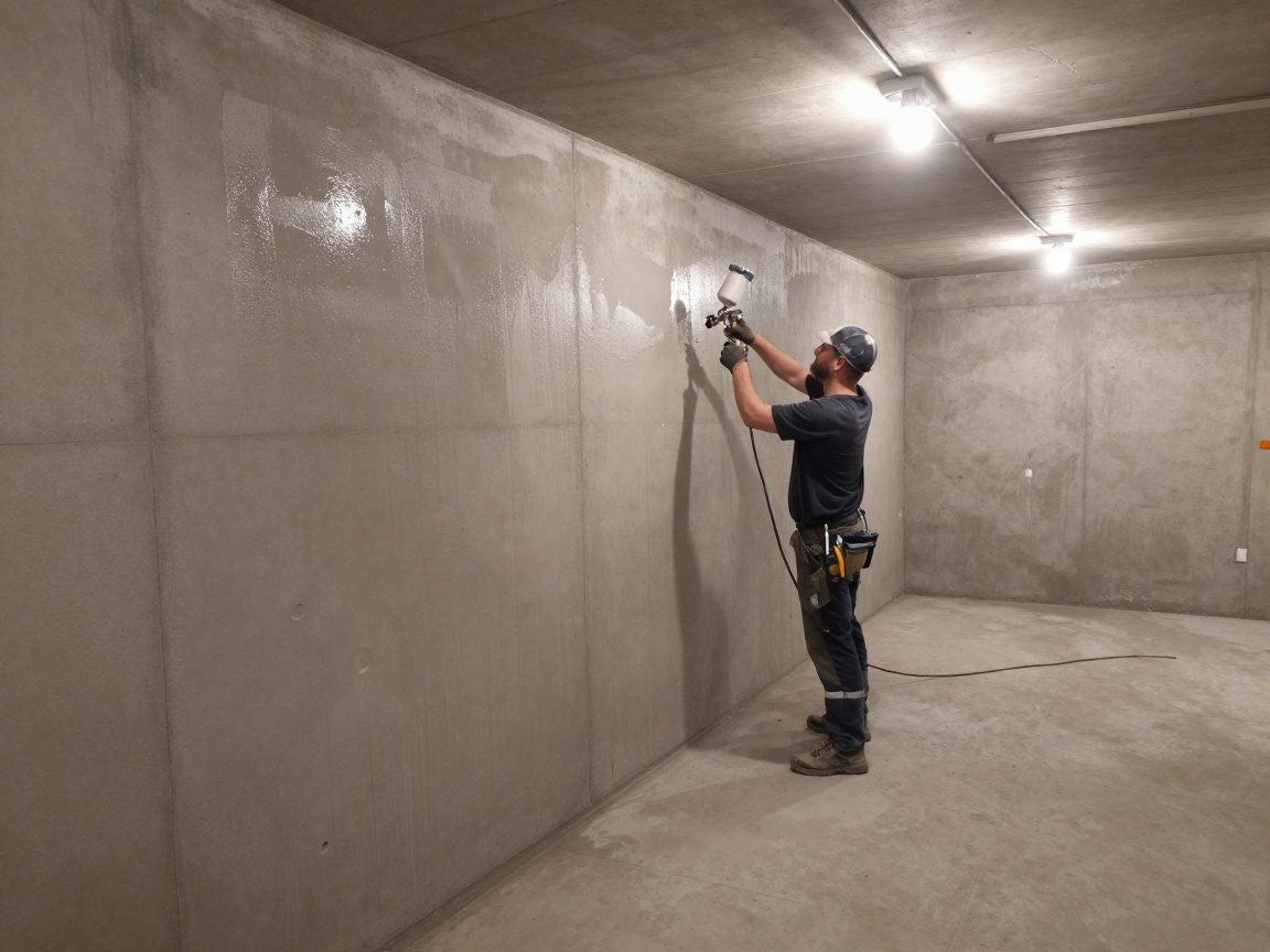 Bodenleger in Schutzkleidung sprüht mit einer Sprühpistole eine Feuchtigkeitsbarriere auf eine nasse Betondecke in einem deutschen Keller