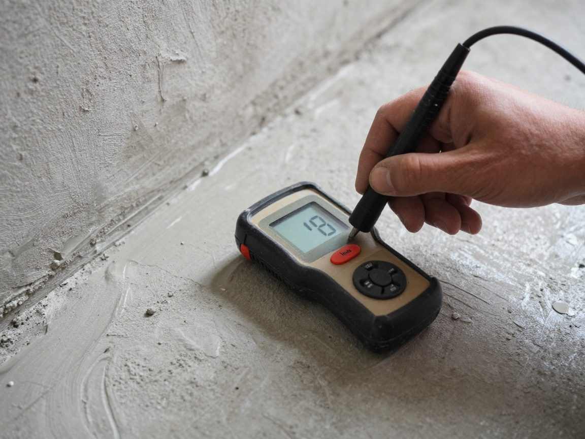 Nahaufnahme eines Bodenlegers, der mit einem Feuchtigkeitsmesser die frisch grundierte Betonfläche misst