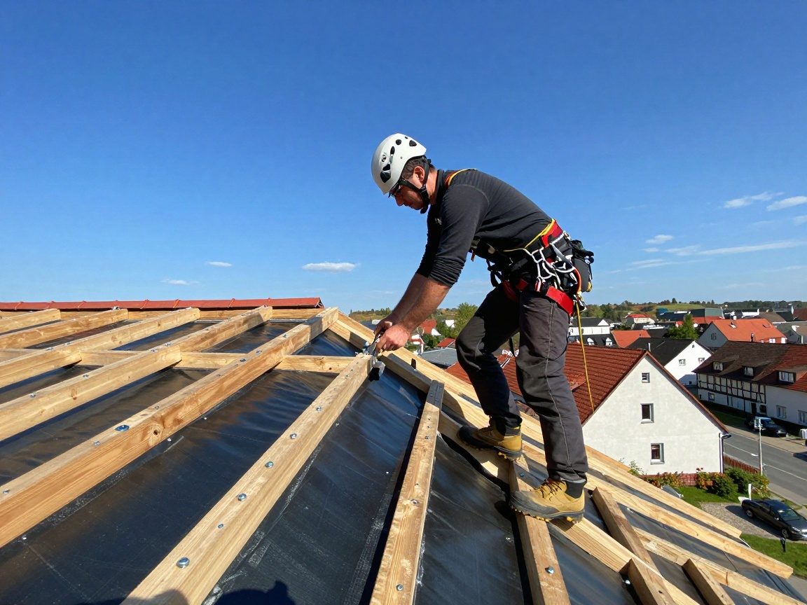 Deutscher Dachdecker im Sicherheitshelm und -gurt, der Edelstahlschrauben an einer Schrägdachfläche mit Bitumenmembran befestigt