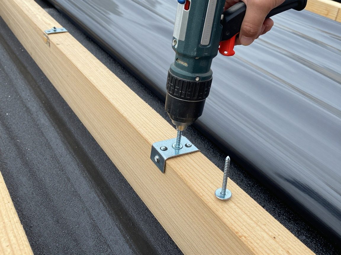 Seitliche Ansicht von drei Befestigungsmethoden: Schraube in Holzrahmen, pneumatische Klammer und genagelte Stift auf Bitumen- und PVC-Dachmembran