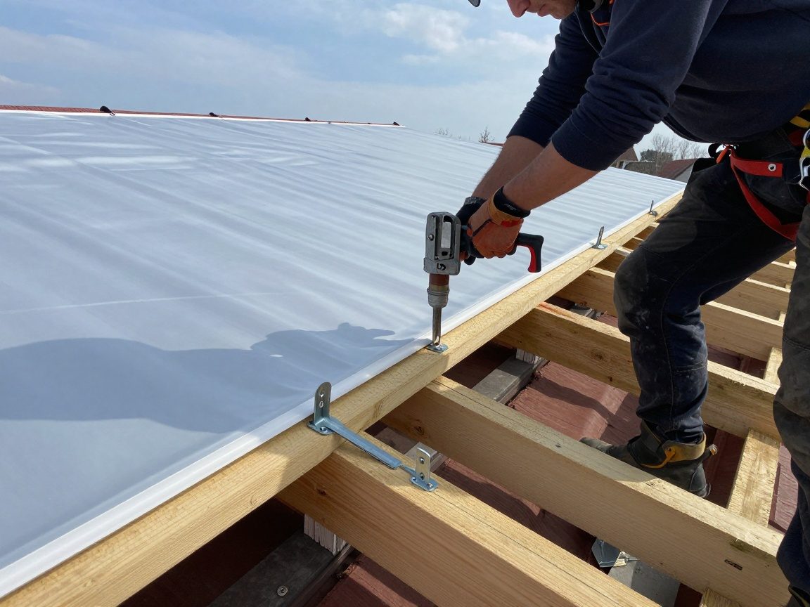 Dachdecker nutzt eine Clamp Gun, um Metallklammern in einen Holzträger einzudrücken und dabei ein PVC-Dachmembran zu verlegen