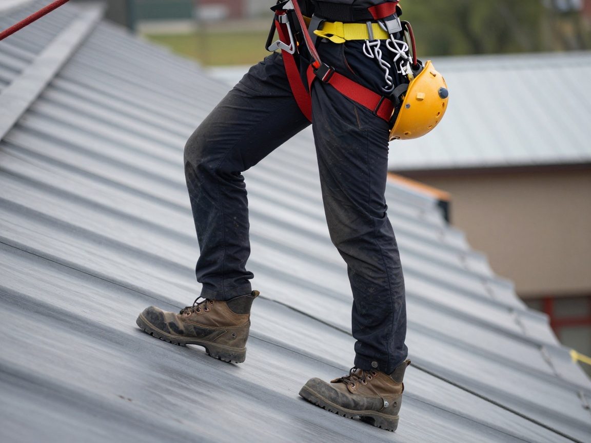 Dachdecker trägt Helm, Sicherheitsgurt und Stahlkappenstiefel auf geneigtem Dach mit teilweise installierter Membran