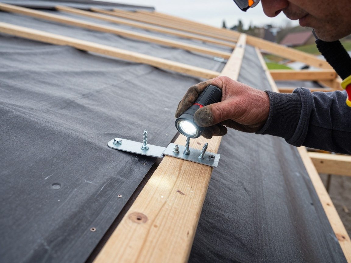 Dachdecker prüft Schraubenköpfe und Klammern an Dachbahn mit Taschenlampe, um die Festigkeit zu kontrollieren
