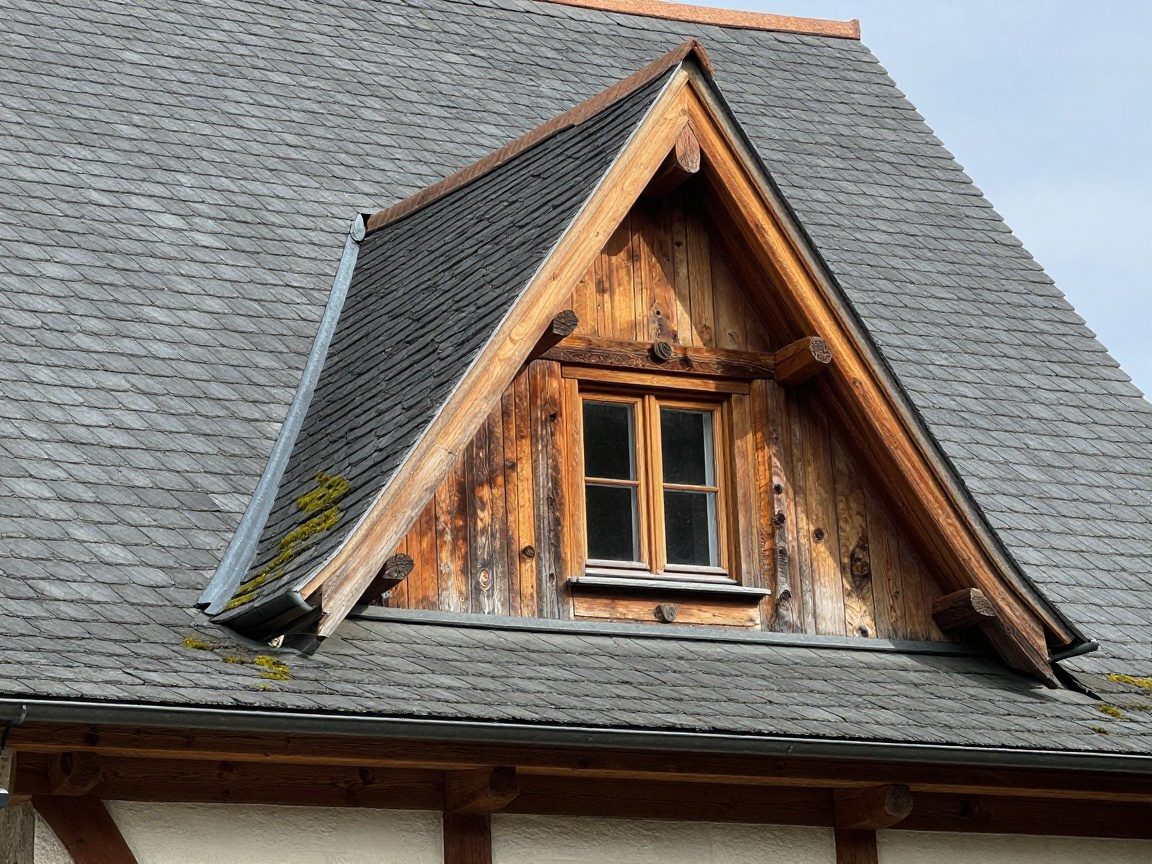 Fotorealistisches Bild eines deutschen Bauernhauses mit markantem Giebel und einer Gaube, Holzschindeln, Schieferziegel und Moos an den Sparren