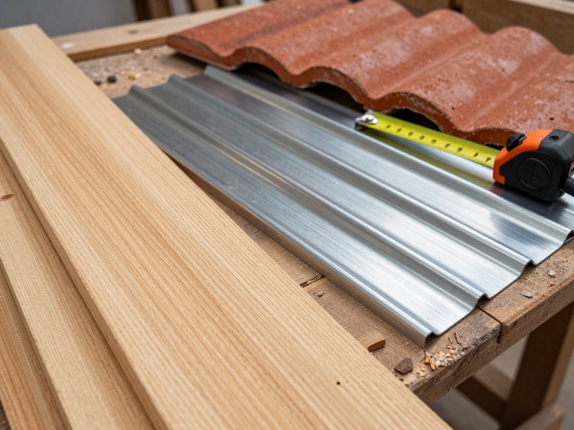 Nahaufnahme eines Tischs im Handwerksbetrieb: Holzlatten, rote Ziegel und Metallbleche liegen auf dem Tisch, daneben Maßband und Werkzeug – Vorbereitung für Giebel- und Gaubenmontage.