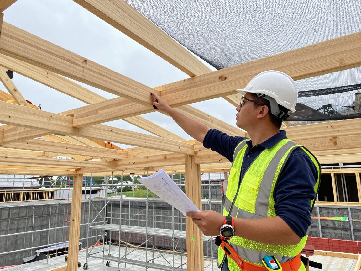 Ingenieur steht auf Baustelle, hält Laserlevel, zeigt auf Dachbalken eines teilweise aufgebauten Daches, während Gerüst und Sicherheitsnetz im Hintergrund sichtbar sind