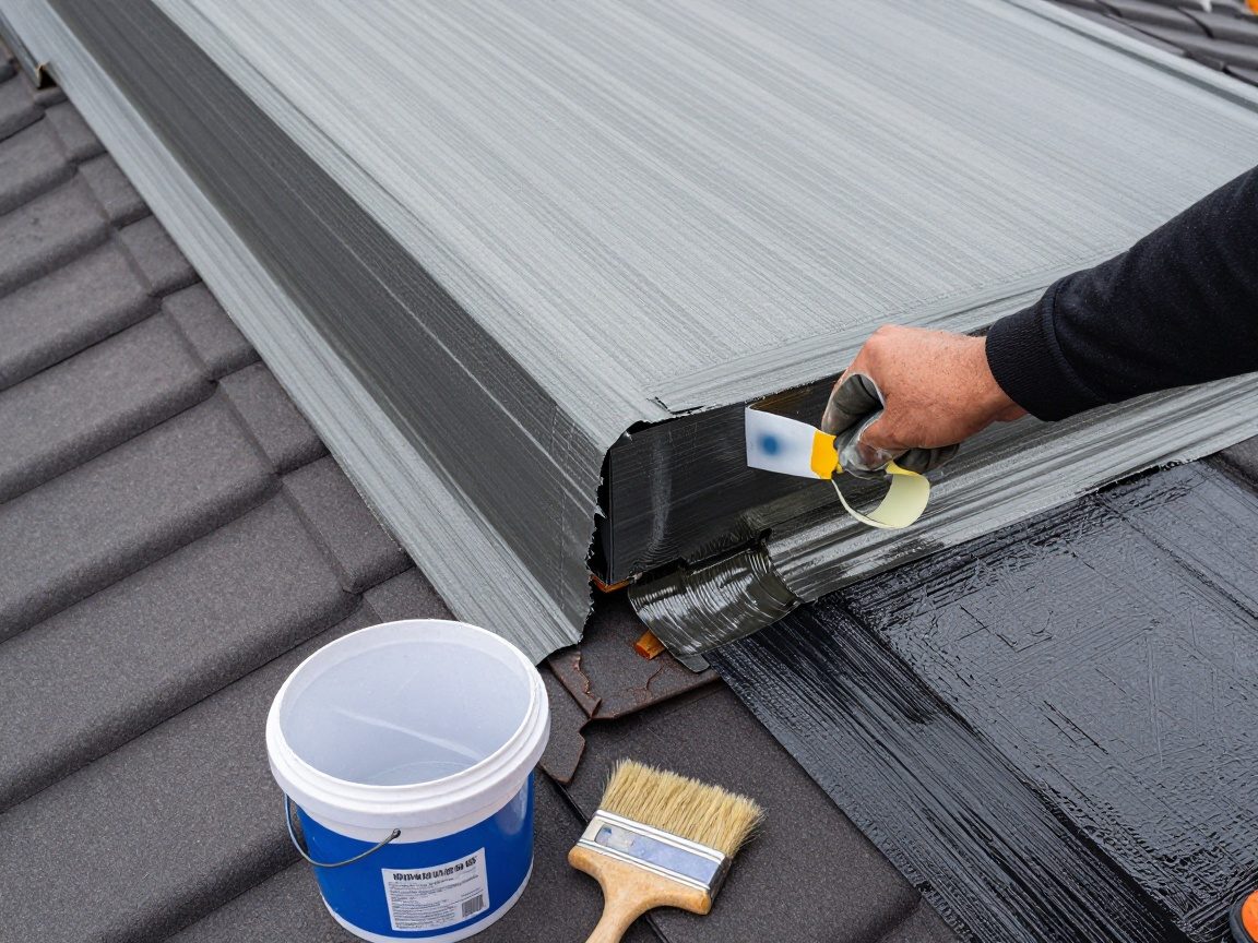 Raucher legt wasserdichtes Membranmaterial an, wo eine Gaube auf das Hauptdach trifft, mit Dichtungsband und Klebstoff in Sichtweite