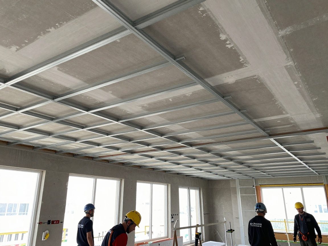 Blick auf Baustelle: teilweise fertige Decke mit Stahlrahmen und Gipskartonplatten, Arbeiter messen mit Laserschnellgerät