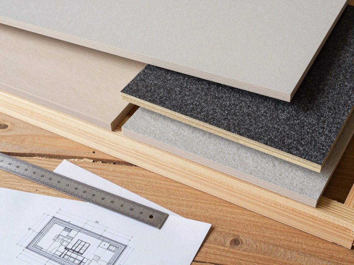 Nahaufnahme von Gipskartonplatten, Schallschutzfliesen, feuerfesten Platten und Holzbalken auf einer Werkbank mit Lineal und CAD-Zeichnung