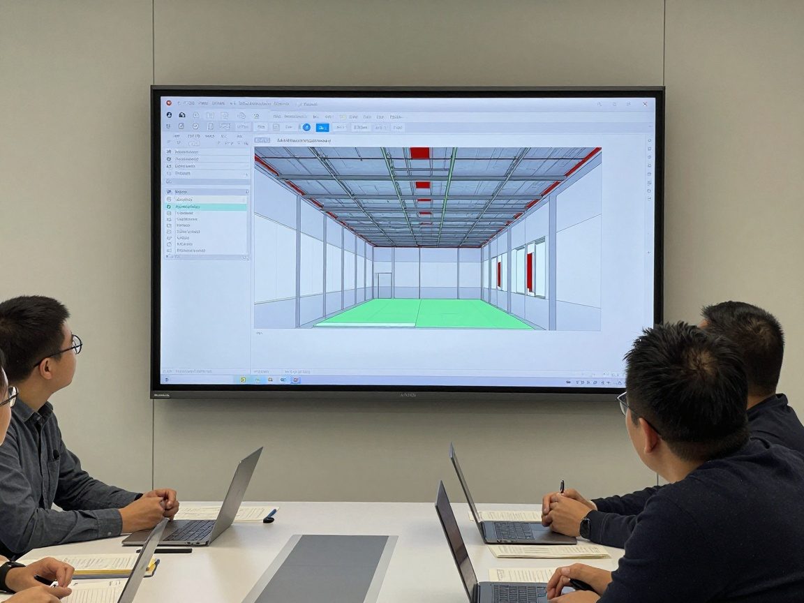 Mehrere Fachleute in einem deutschen Baubüro betrachten ein großes Wanddisplay mit einem BIM-Modell von Innendecken, inklusive Schallschutz, Brandschutz und Tragwerksdetails.