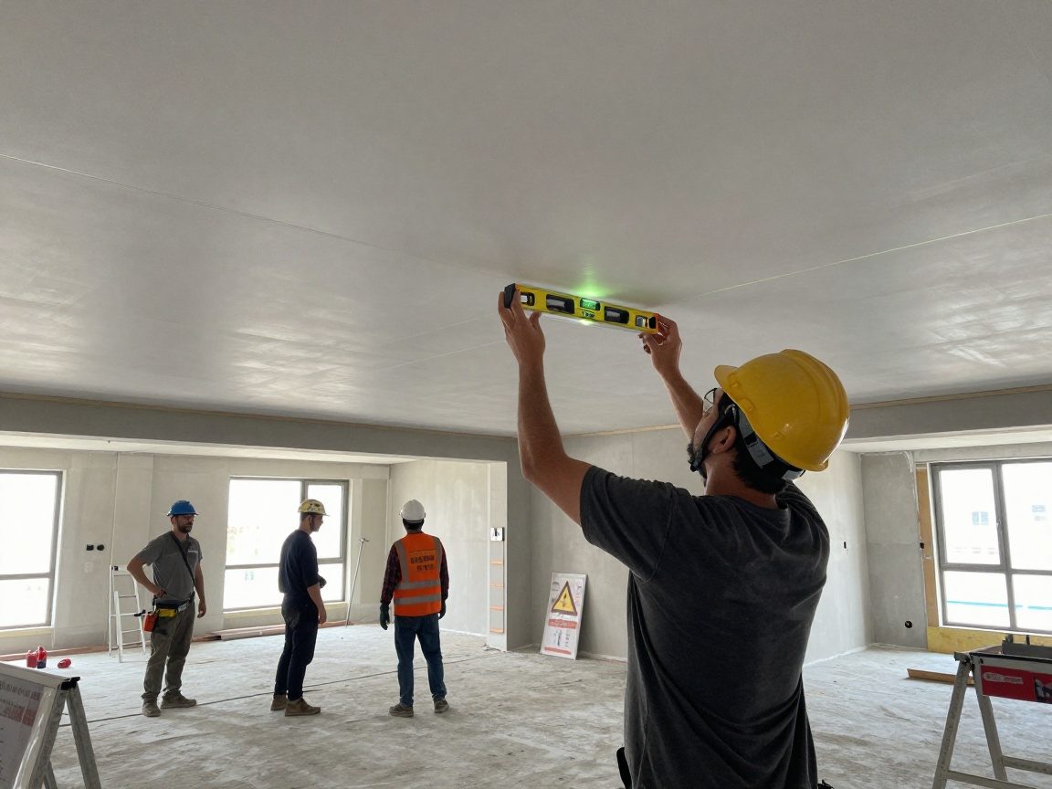 Bauarbeiter prüft mit Laser-Nivelliergerät und Maßband ein frisch installiertes Deckenpanel, um die Ebenheit zu kontrollieren