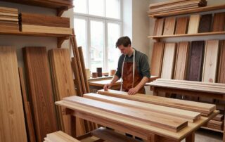 Drechsler in traditionellem Werkstattraum betrachtet verschiedene Hartholzarten wie Buche, Eiche, Ahorn, Walnuss und Kirsche auf Regalen