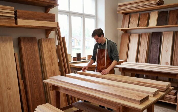 Drechsler in traditionellem Werkstattraum betrachtet verschiedene Hartholzarten wie Buche, Eiche, Ahorn, Walnuss und Kirsche auf Regalen