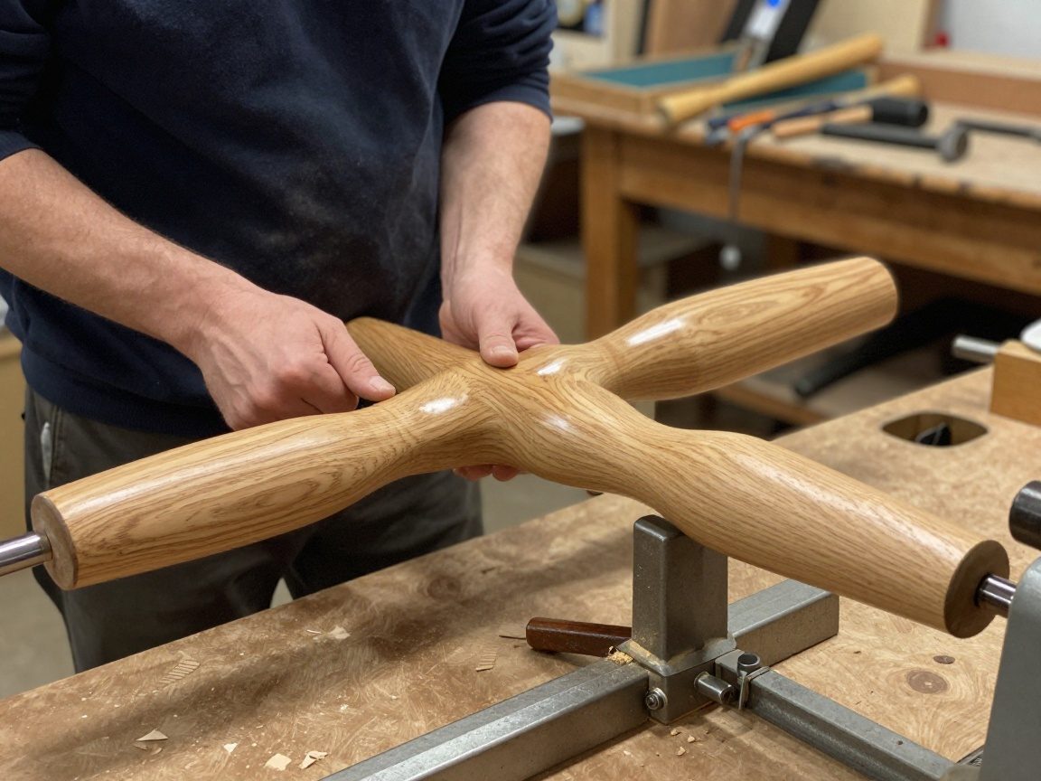 Eichenspindel in einem deutschen Drechslerwerkstatt, glänzendes Holz mit markantem Rissmuster unter Werkstattleuchte