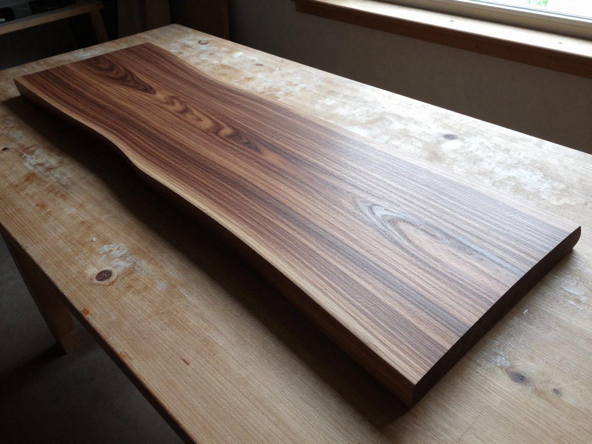 Breite Ansicht einer Walnussholzplatte auf einem Holztisch, bereit zum Drehen – dunkles, reiches Holz mit markantem Maserungsprofil im natürlichen Tageslicht