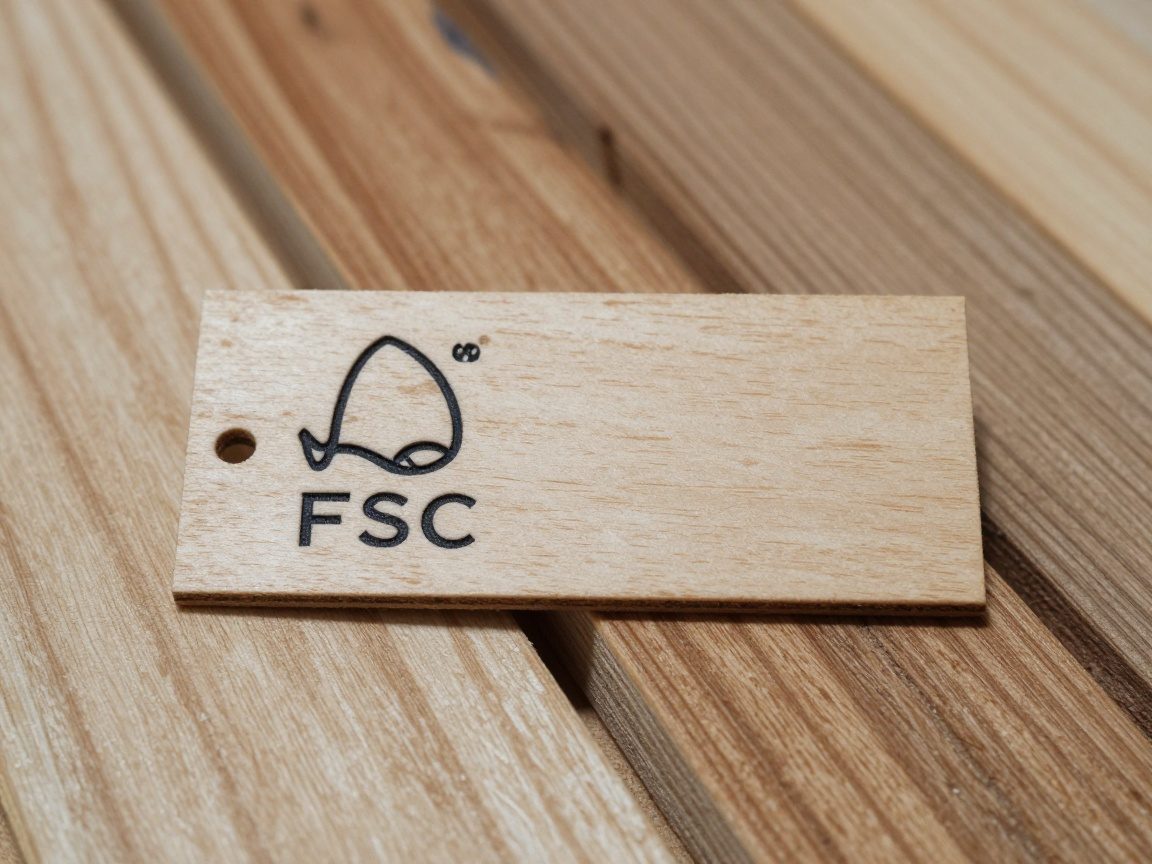 Nahaufnahme eines FSC-zertifizierten Holzzettels neben einer Auswahl nachhaltig bezogener Harthölzer in einem Drechslerwerkstatt