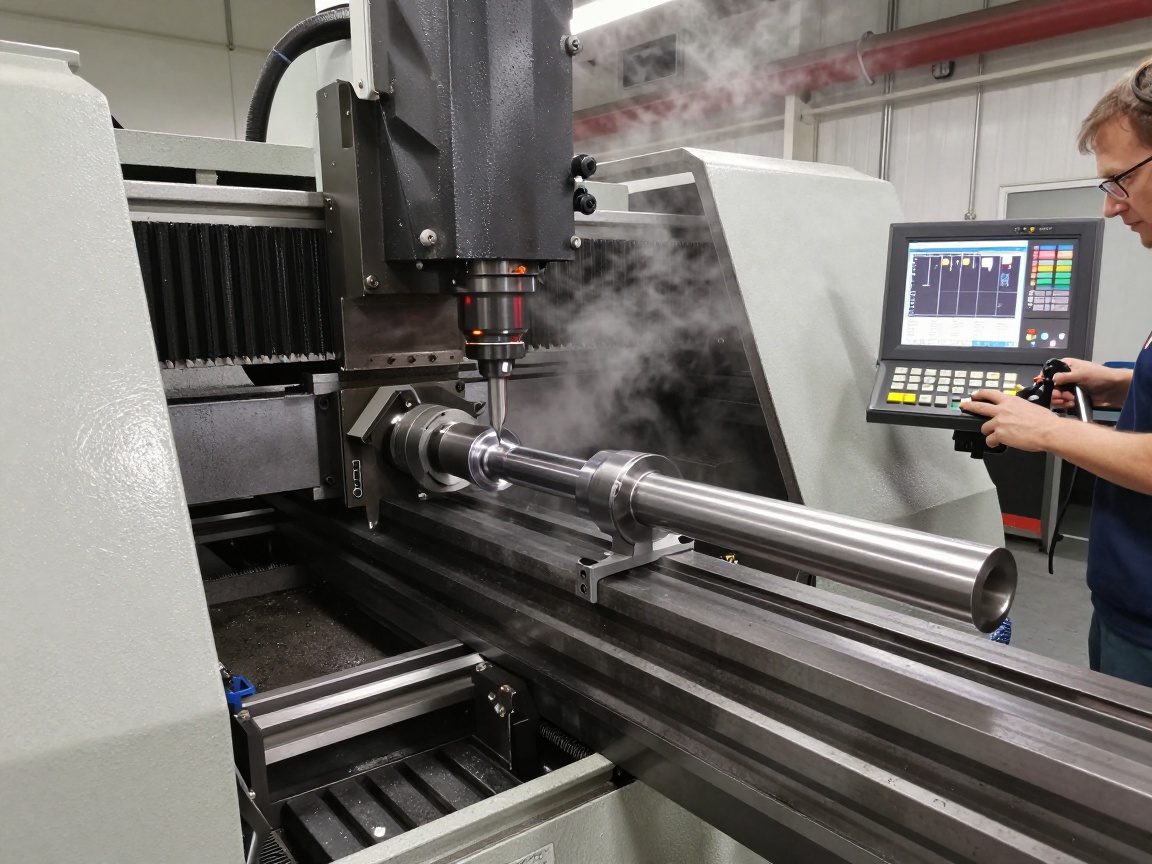 Weitwinkelaufnahme einer deutschen Werkstatt: CNC-Drehmaschine bohrt ein tiefes Loch in eine Aluminiumwelle, Kältemittelnebel im Raum, Techniker überwacht die Steuerung