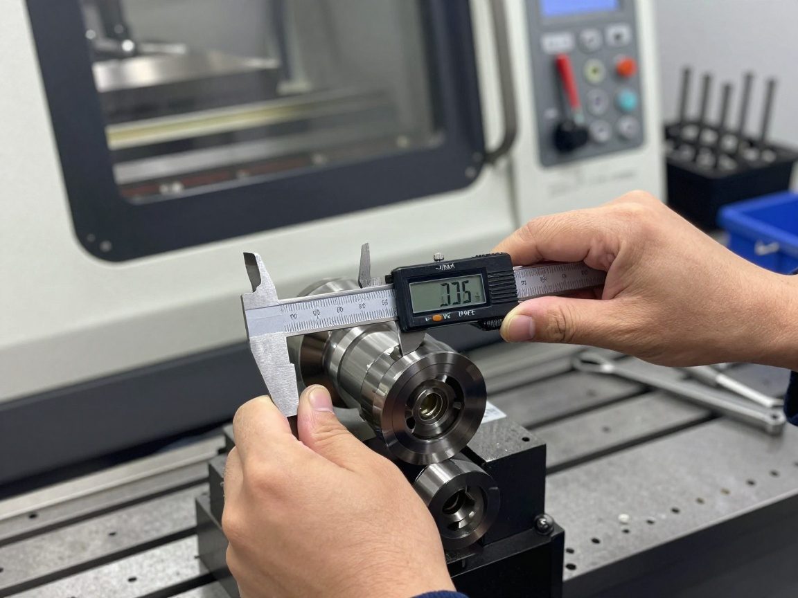 Maschinist nutzt ein Digitalkaliber zur Messung eines fertigen Drehteils auf einer Werkbank, während im Hintergrund eine CNC-Drehmaschine und Präzisionswerkzeuge zu sehen sind.