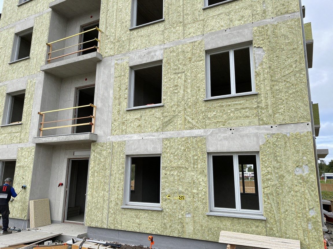 Weitwinkelaufnahme eines deutschen Wohngebäudes in der Baustelle mit freiliegenden Wänden, Dämmplatten aus Steinwolle und XPS sowie Arbeitern, die Maßband und Lasermessgerät benutzen